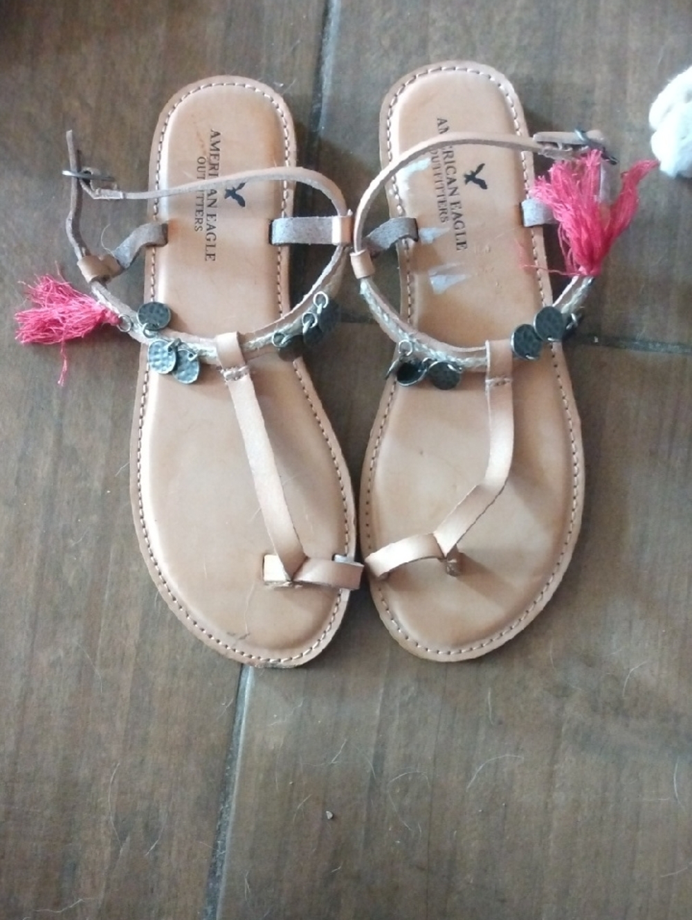American Eagle Outfitters Tan Leather T-Strap Sandals with Pink Tassels